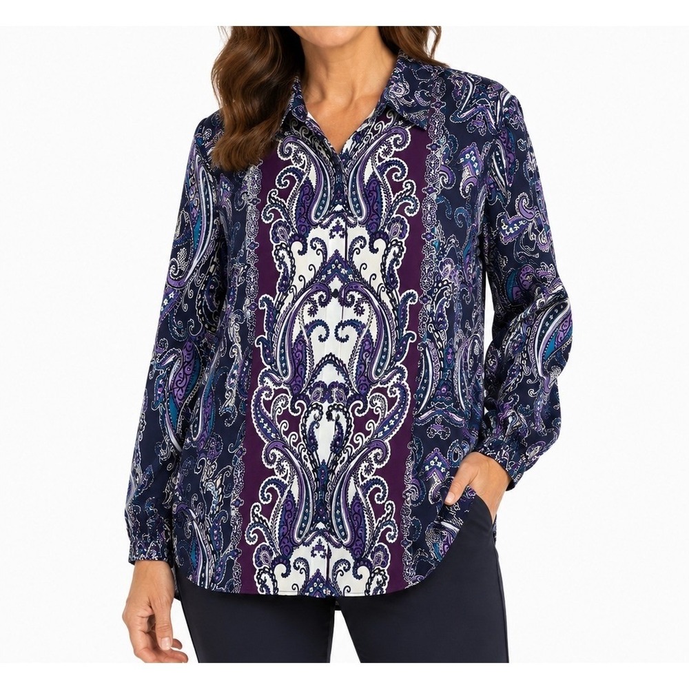 Chico's No Iron Paisley Button Down Shirt Navy Purple White Cotton Womens Size 2
